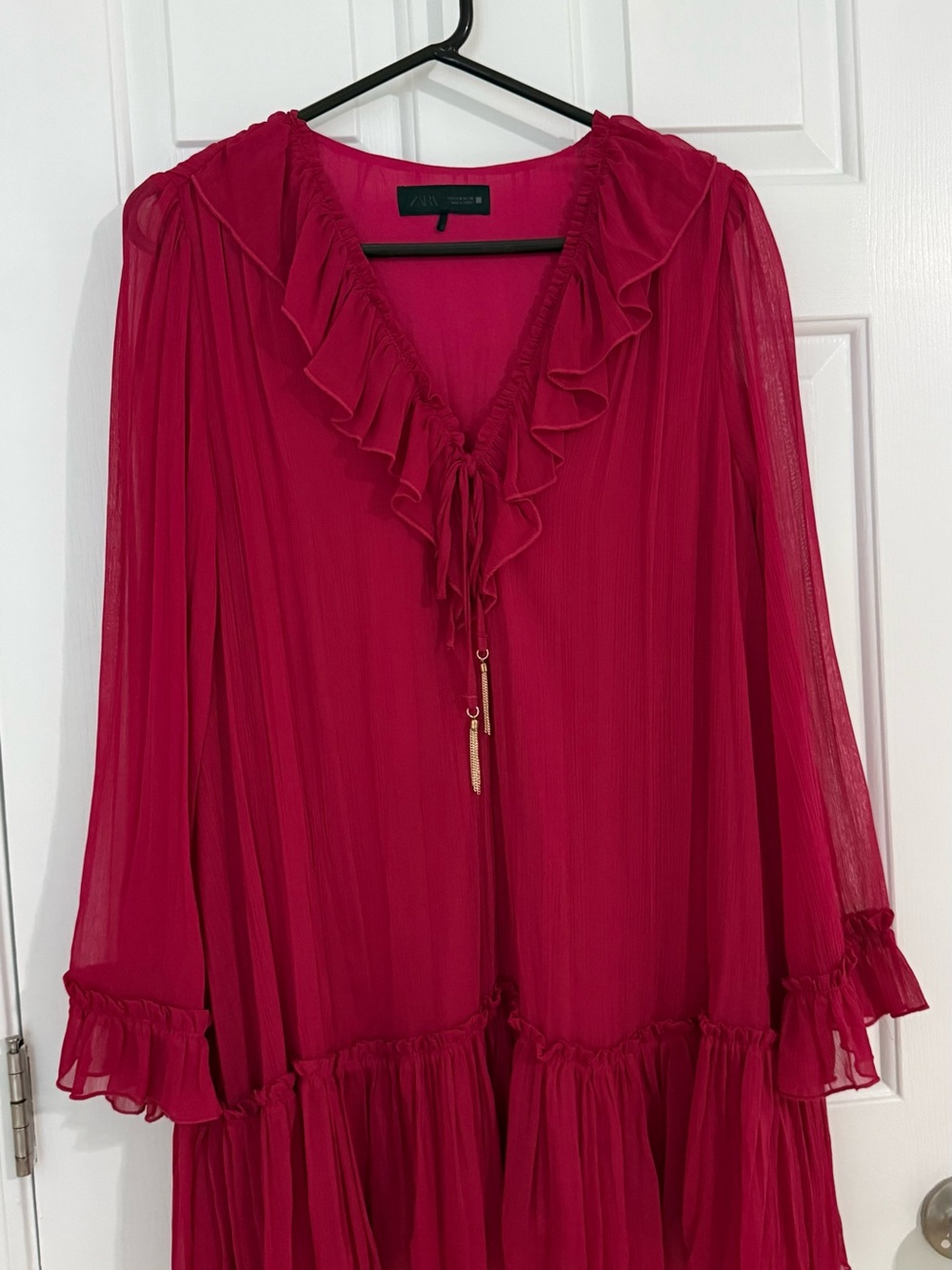 Zara Fuchsia Ruffled V-Neck Sheer Tunic Top